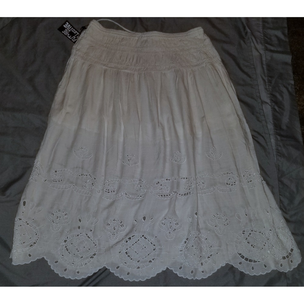 Future Collective Eyelet Midi Skirt Womens White Smocked Scalloped Hem XXL
